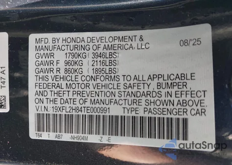 2026 Honda Civic Sport z USA, uszkodzony, nr VIN 19XFL2H84TE000991